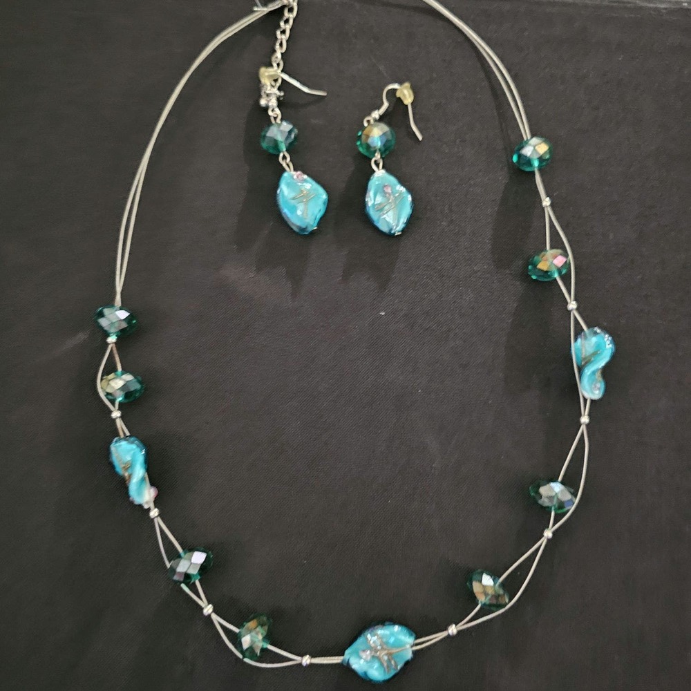 Vintage Blue Glass Bead Earring‎ Necklace Set